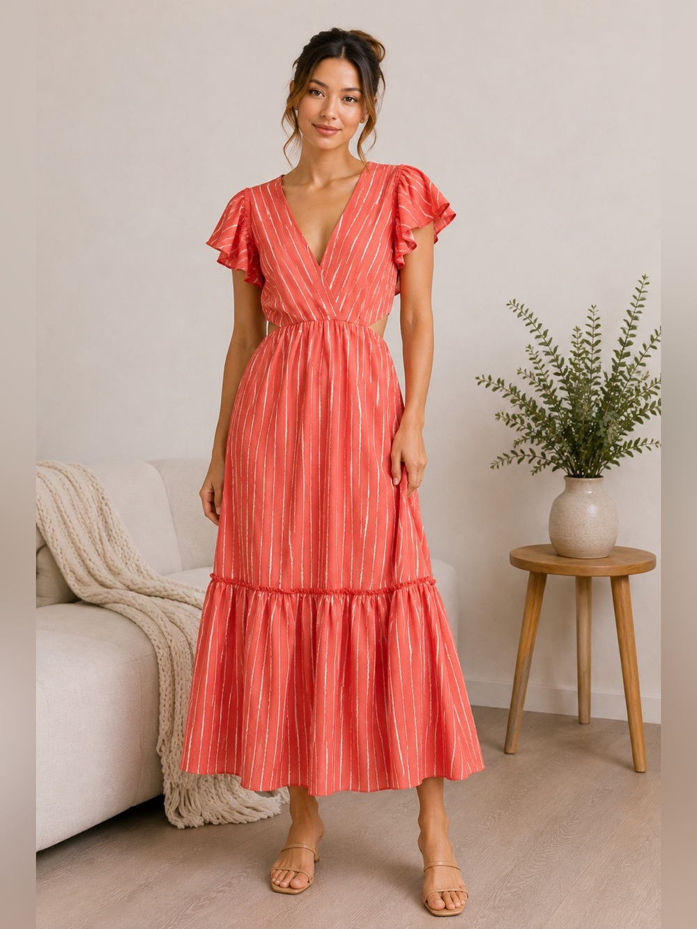 Sachin + Babi Coral and White Striped Midi Dress
